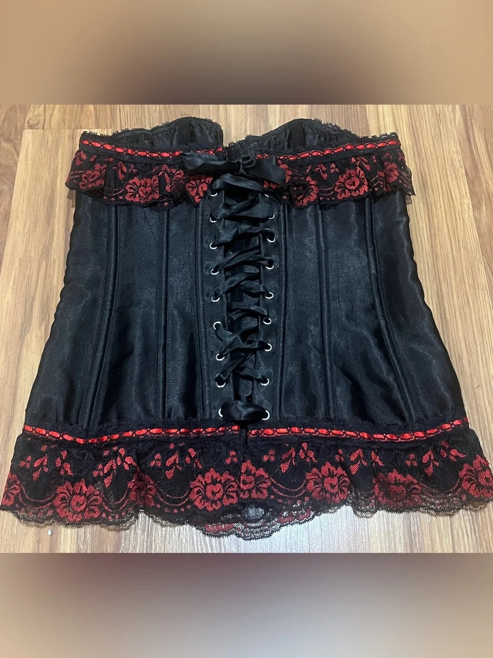 Y2K Gothic Grunge Black Satin Corset Top with Red Ruffle Lace Trim Size M